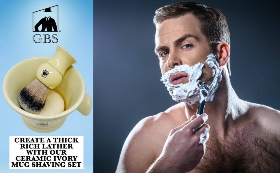 GBS 3 Piece  Mug, brush and Shaving soap Set: Ivory