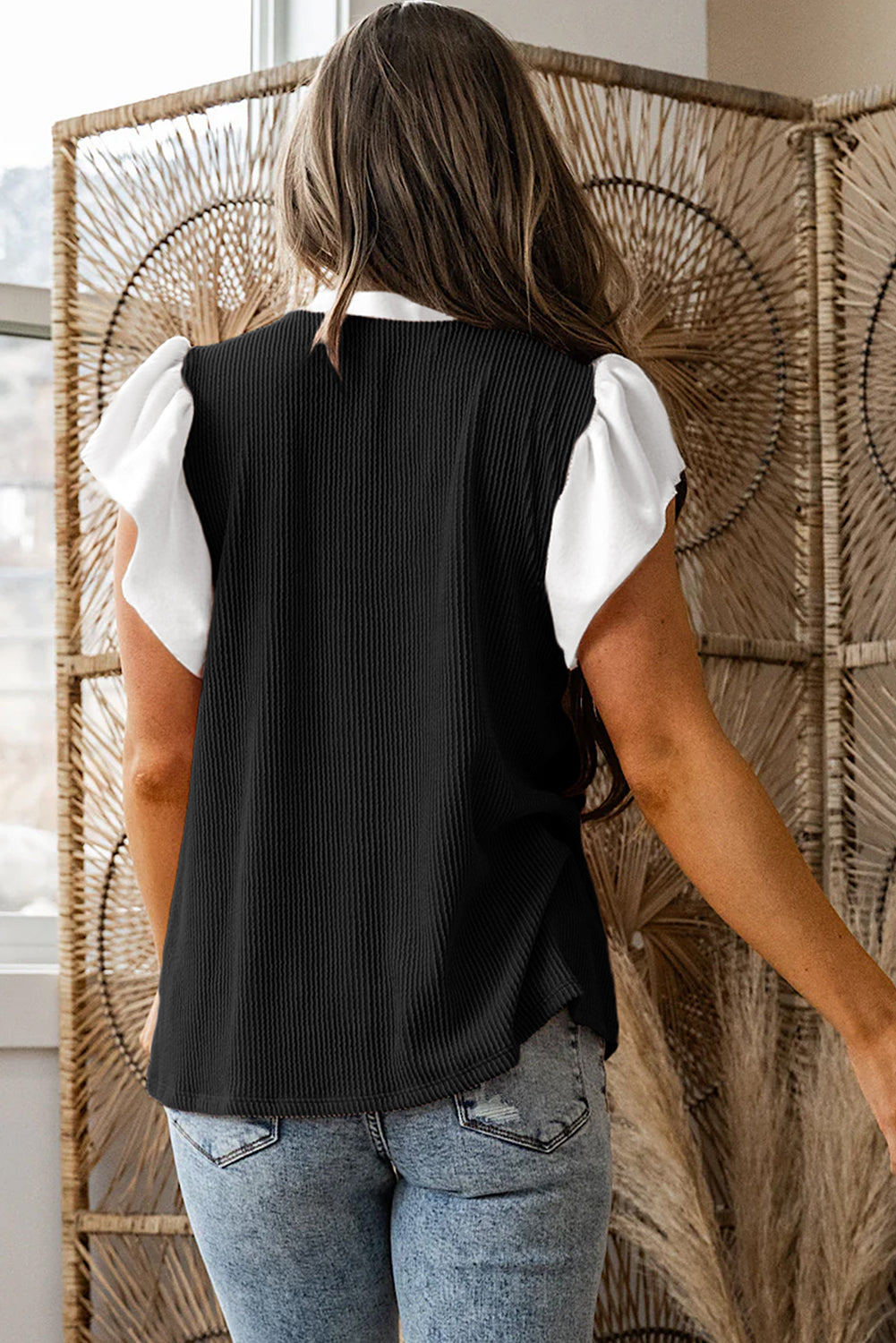 Black Plus Size Ruffled Short Sleeve Blouse