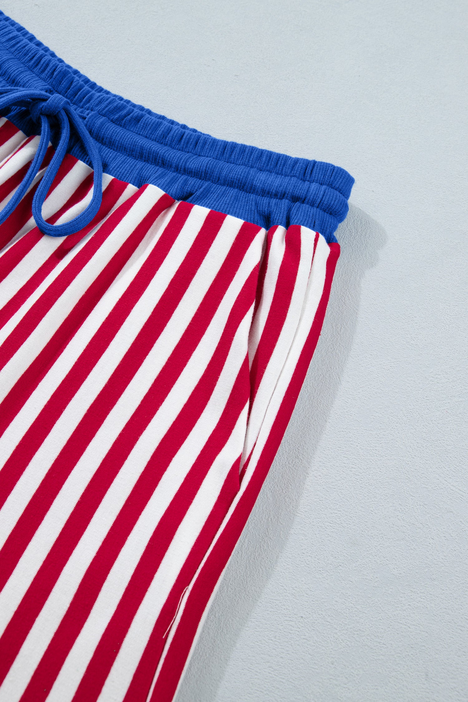 Pink Stripe Colorblock Tee Drawstring Elastic Waist Short Set