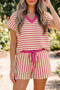 Pink Stripe Colorblock Tee Drawstring Elastic Waist Short Set
