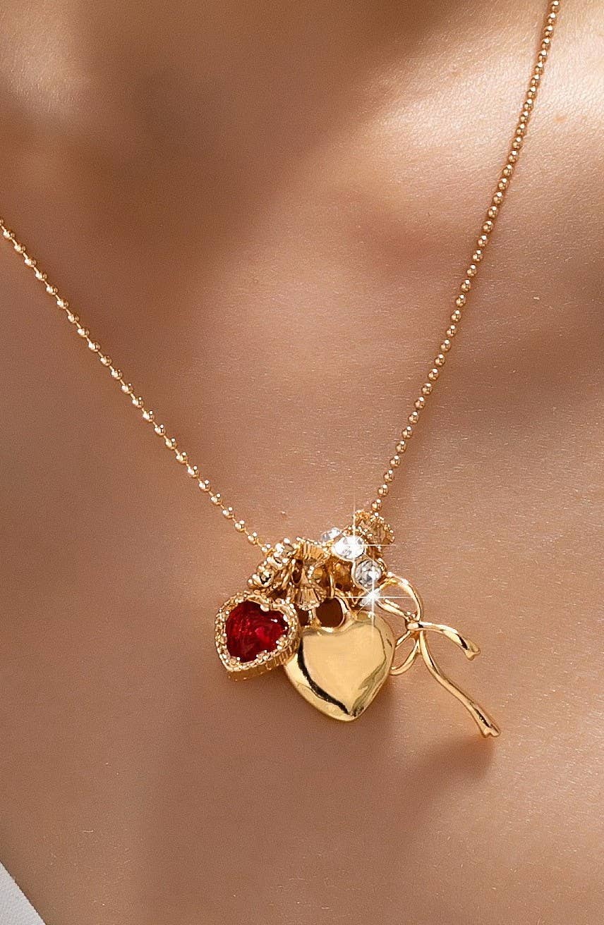 Multi-Charm Heart and Bow Necklace | 80N92882: Gold