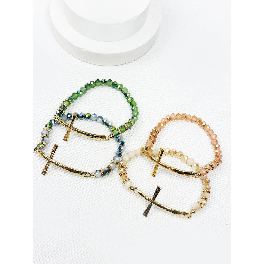 Hammered Cross Bead Stretch Bracelet: MIX COLOR / ONE(12)