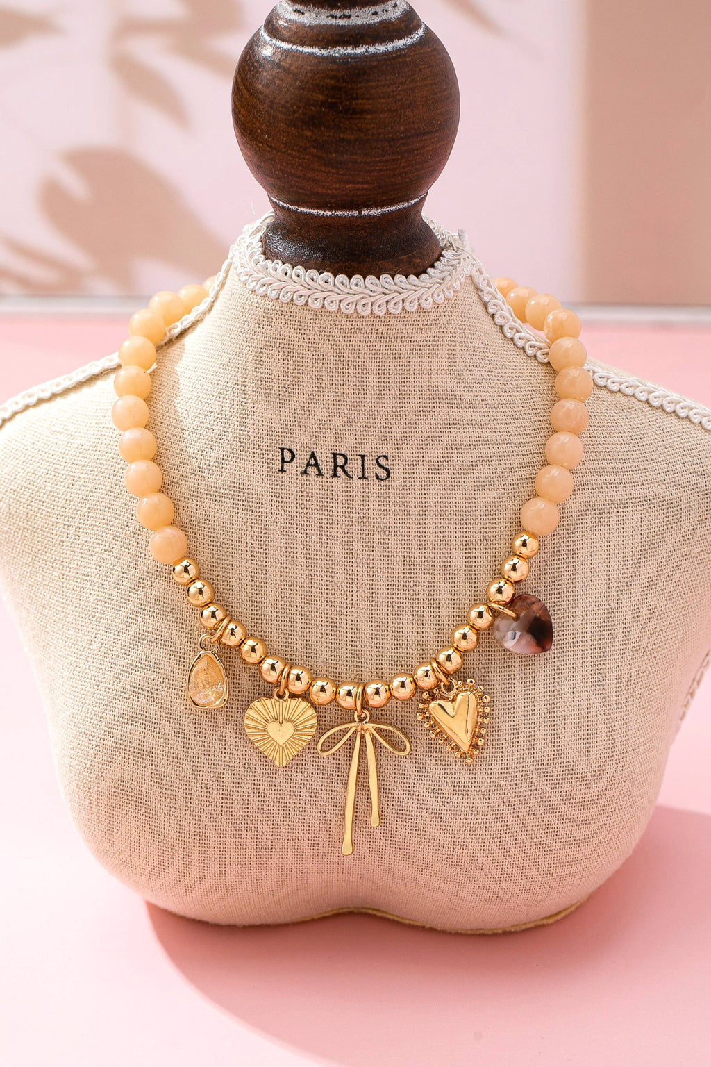 Beige Beaded Bow Heart Rhinestone Charm Necklace | 80N92689: GOLD