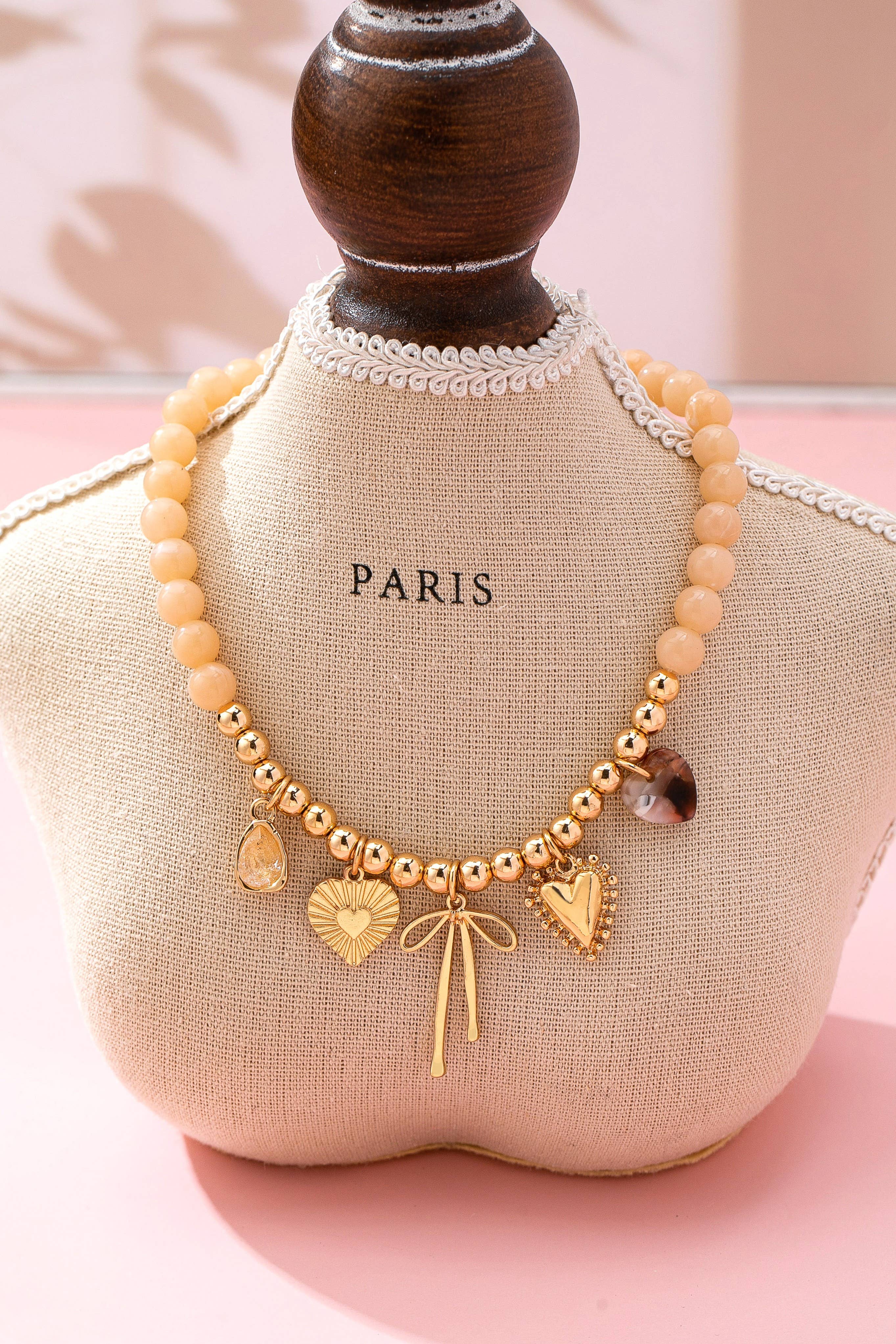 Beige Beaded Bow Heart Rhinestone Charm Necklace | 80N92689: GOLD