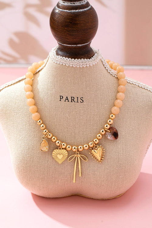Beige Beaded Bow Heart Rhinestone Charm Necklace | 80N92689: GOLD