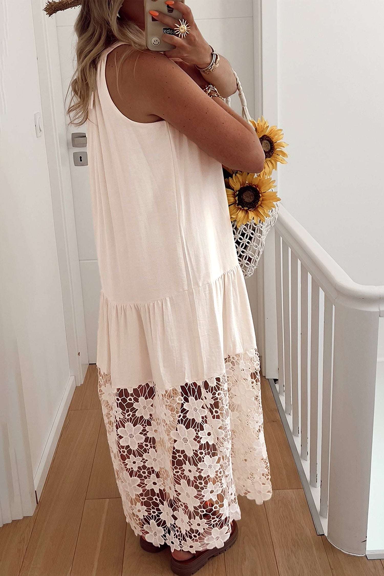 Beige Sheer Floral Lace Hem Halter Summer Dress