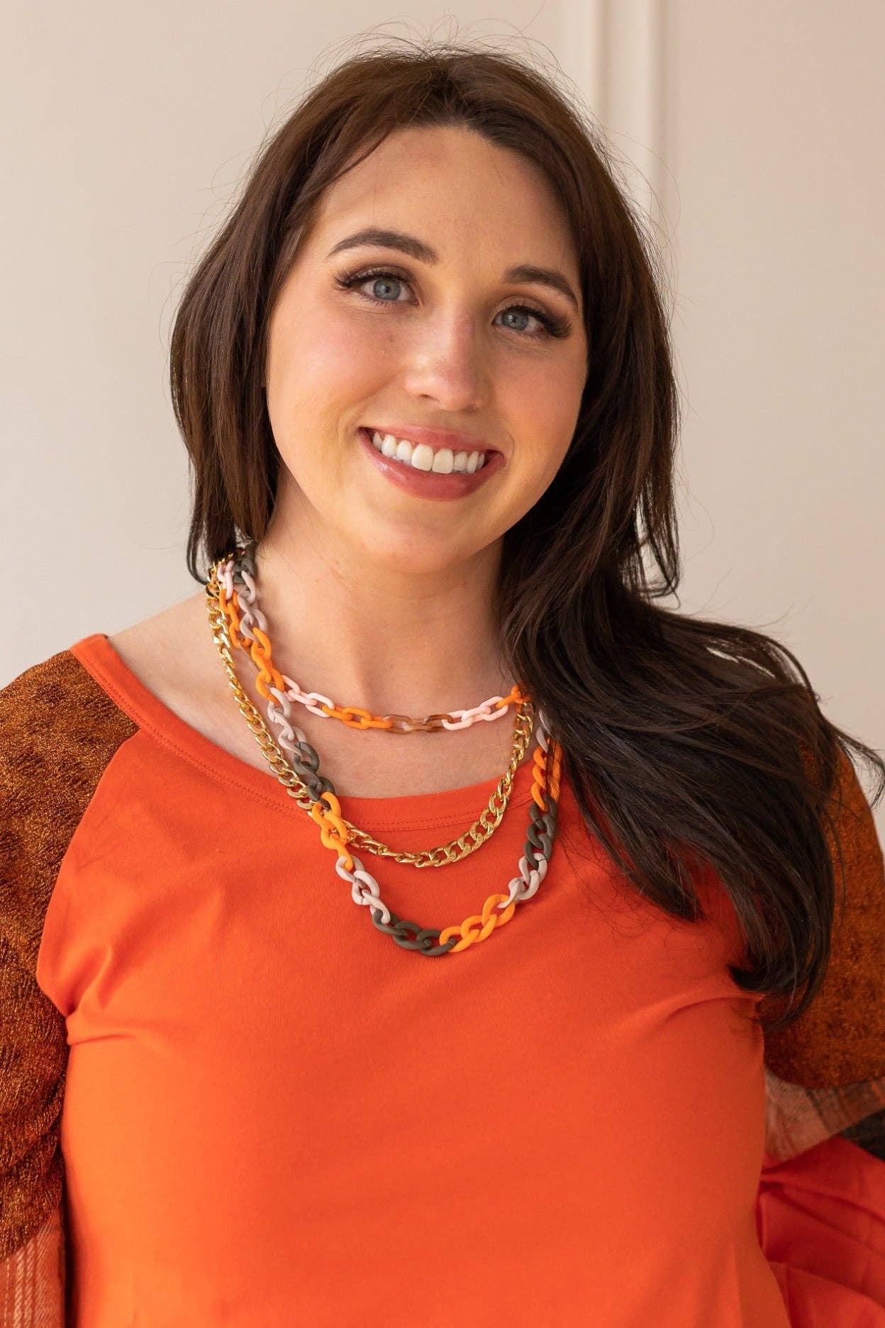 So Confident Orange Plaid & Glitter Sleeve Top: Orange / X-Small