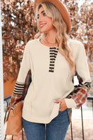 Beige Waffle Stripe Plaid Patchwork Henley Top