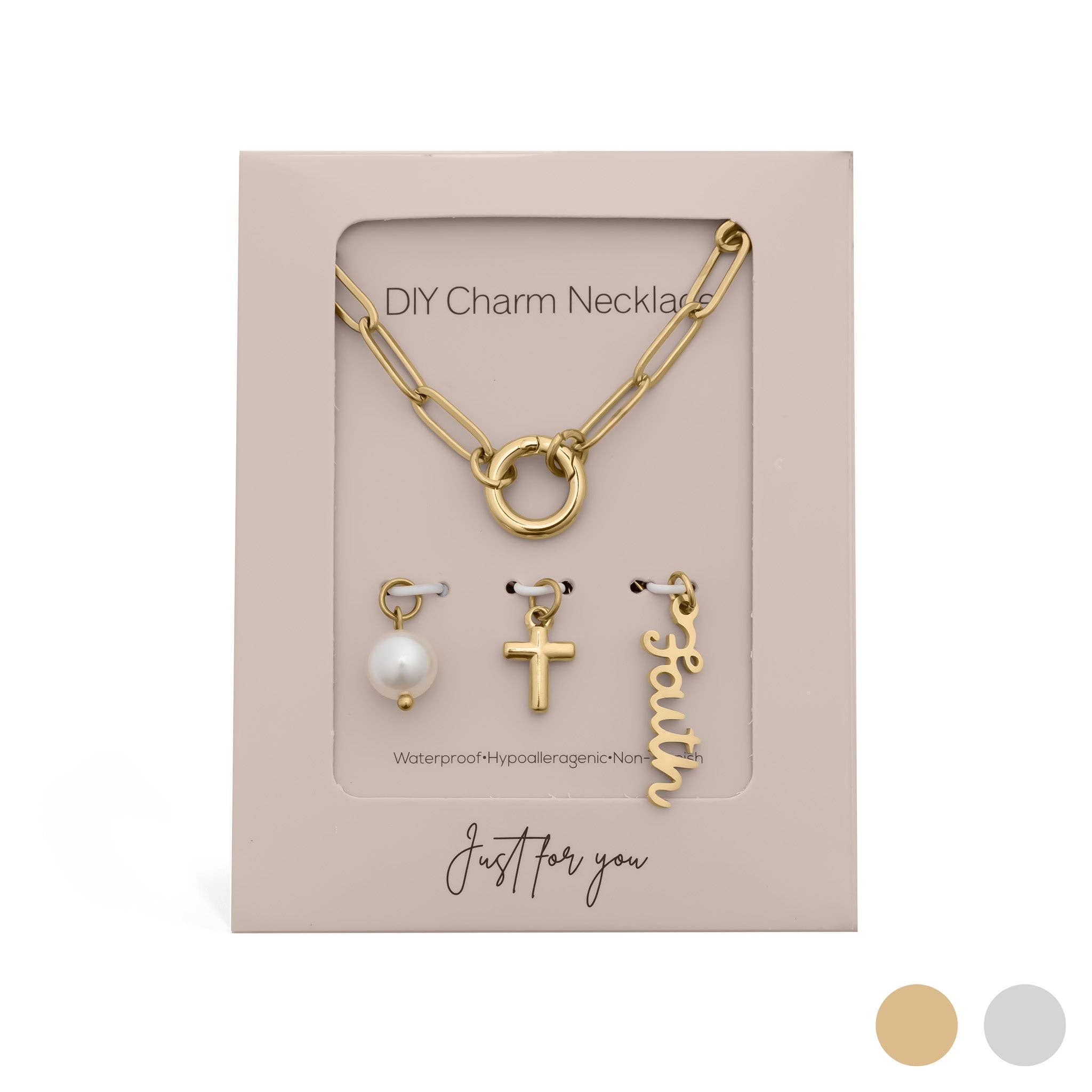 Gold Stainless Steel Faith Charm Holder Necklace Gift Set: Gold
