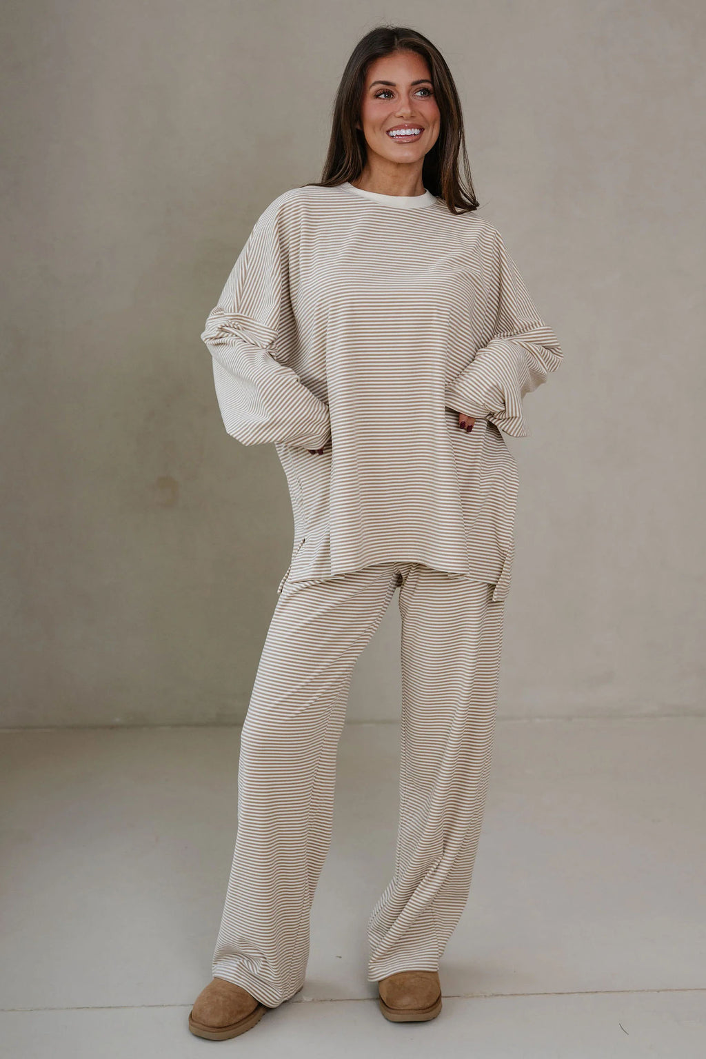 Pink Striped Drop Shoulder Long Sleeve Top and Pant Set