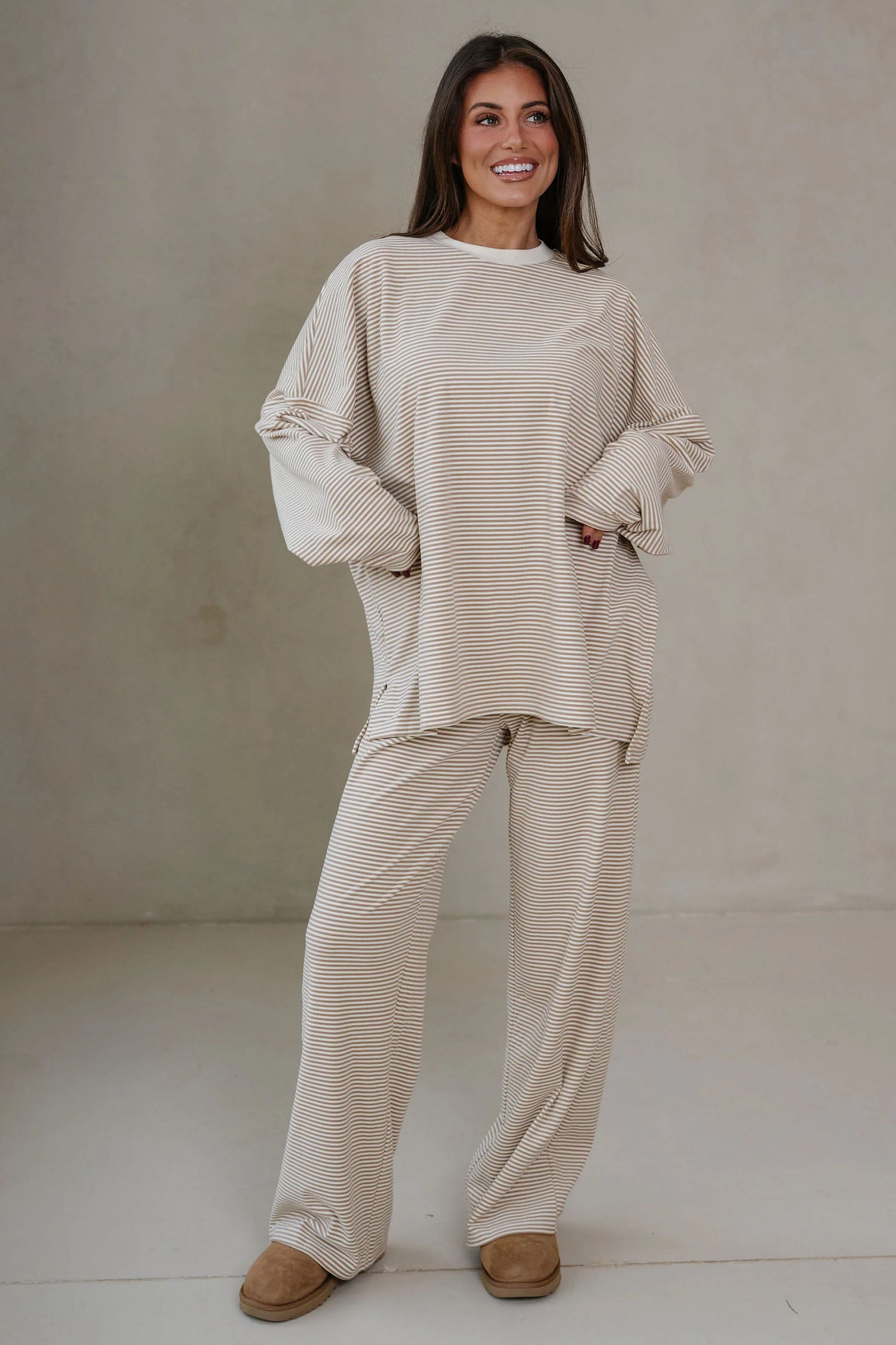 Pink Striped Drop Shoulder Long Sleeve Top and Pant Set