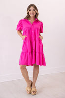 Hot Pink Puff Sleeve Button-Up Dress: Pink / 3XL