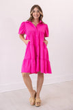 Hot Pink Puff Sleeve Button-Up Dress: Pink / 3XL