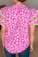Contrast Layered Ruffle Sleeve Floral Blouse (S-XL): Pink / Missy / S