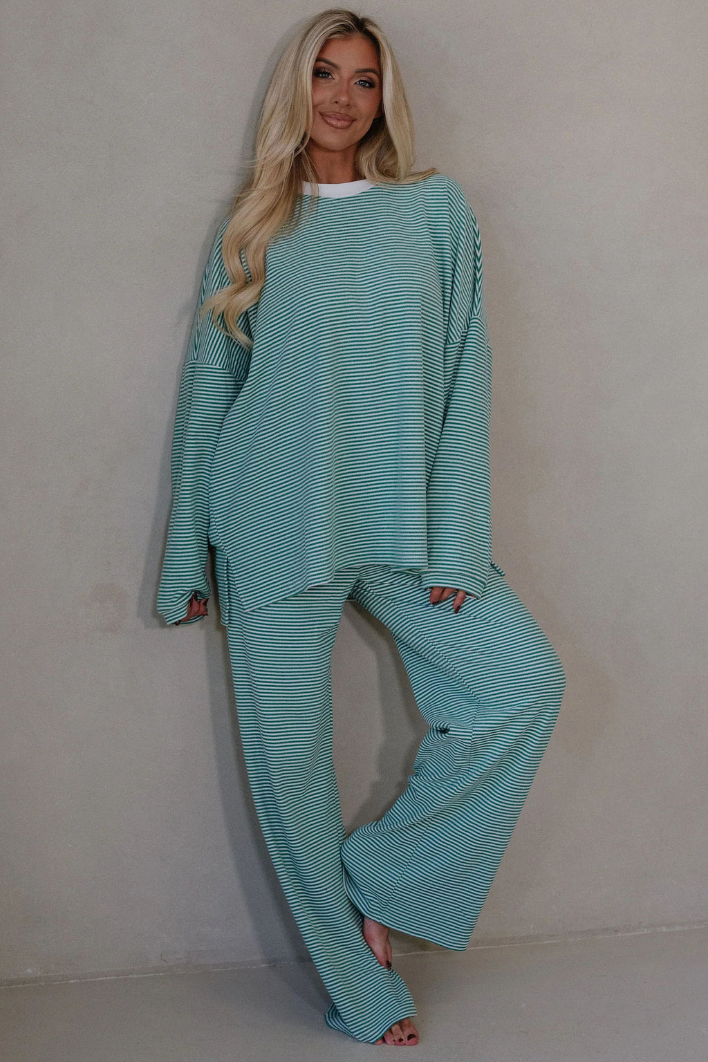 Pink Striped Drop Shoulder Long Sleeve Top and Pant Set