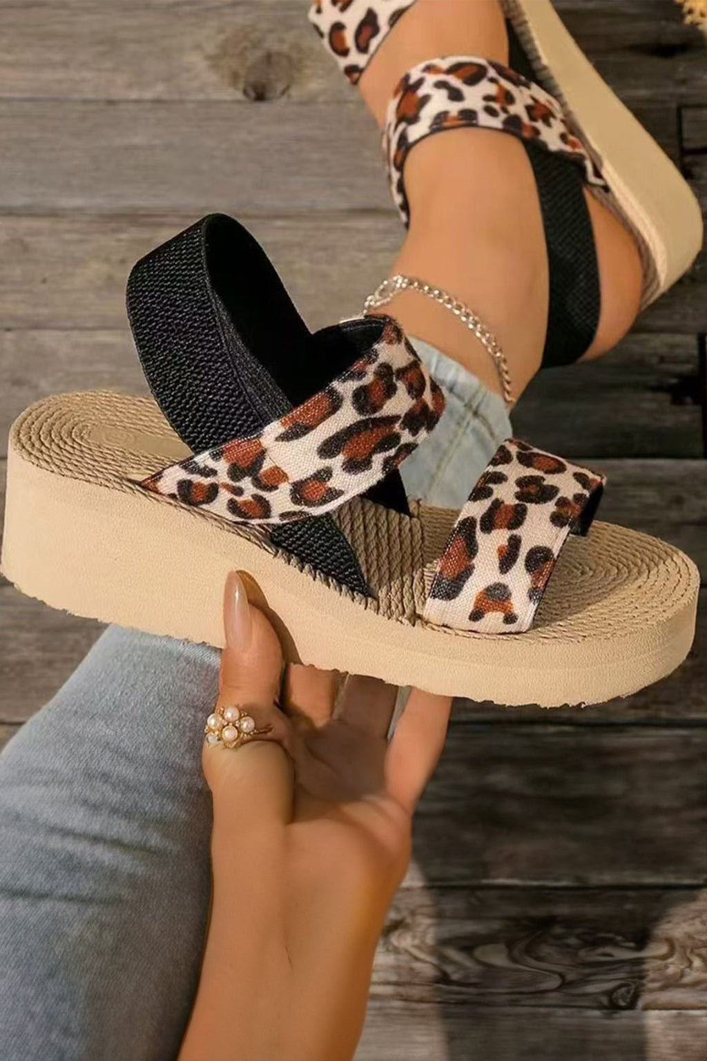 Leopard Double Straps Woven Textured Sole Casual Sandals