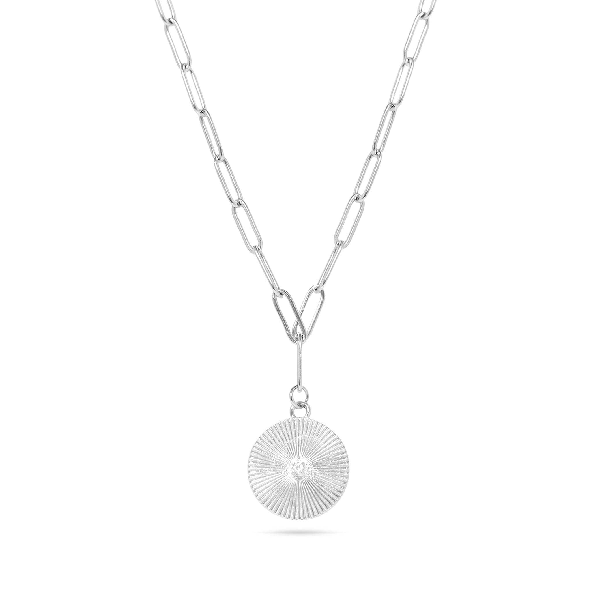 18K Gold PVD Stainless Steel Sunburst Medallion CZ Paperclip Necklace / CHN9967: Gold