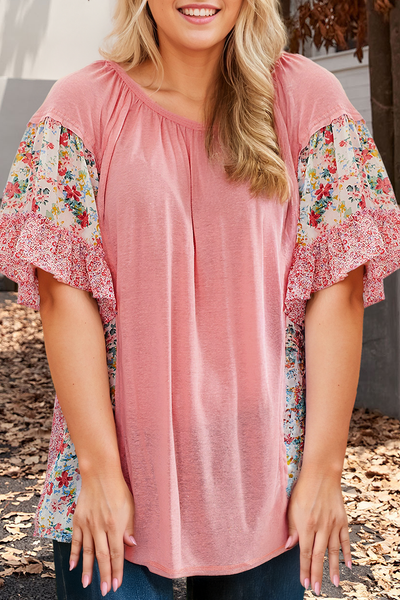 Plus Size Floral Patchwork Ruffled Short Sleeve Blouse: Pink