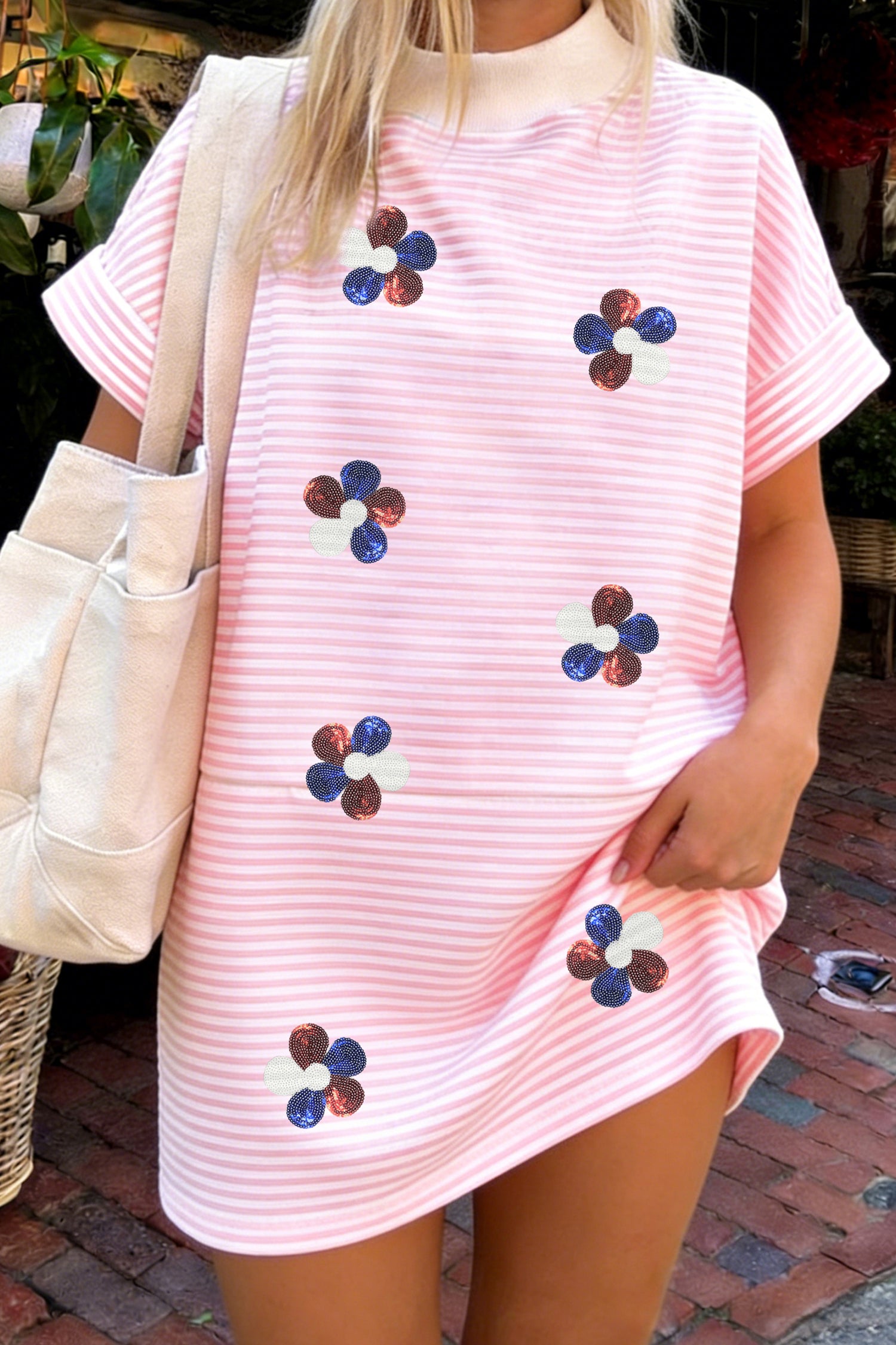 Pink Stripe Patriotic Sequin Flower Mock Neck Dress