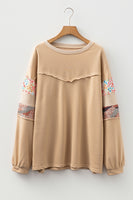 Khaki Exposed Seam Floral Mixed Patchwork Plus Size Top