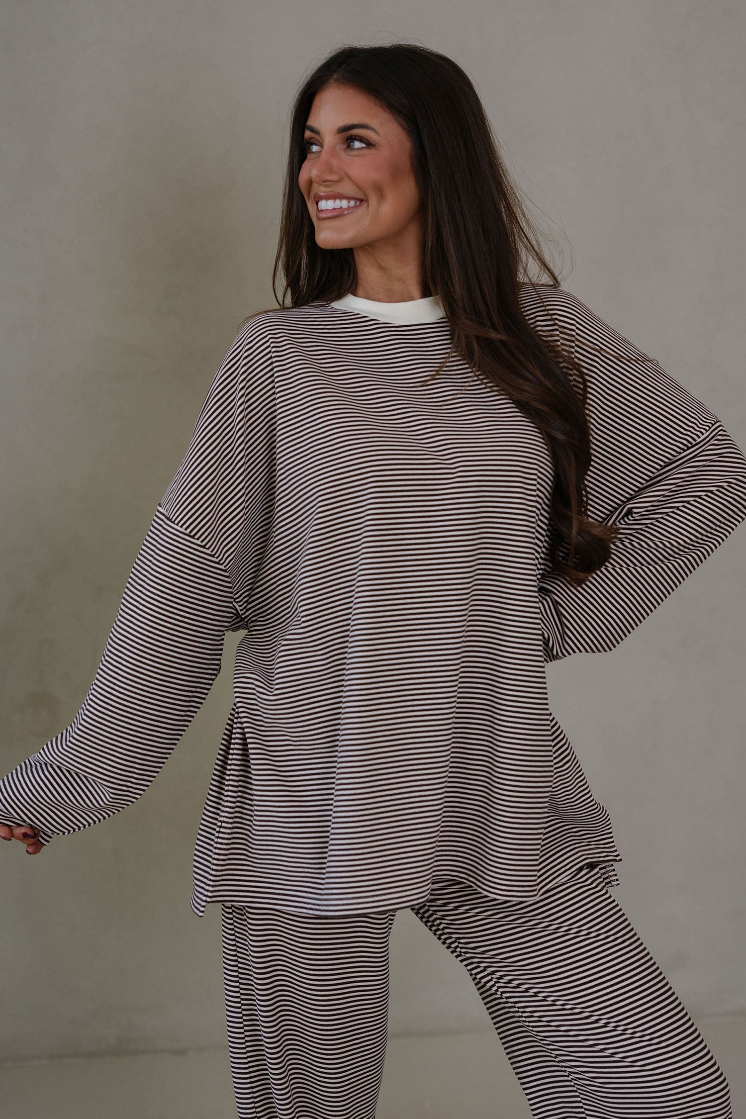 Pink Striped Drop Shoulder Long Sleeve Top and Pant Set