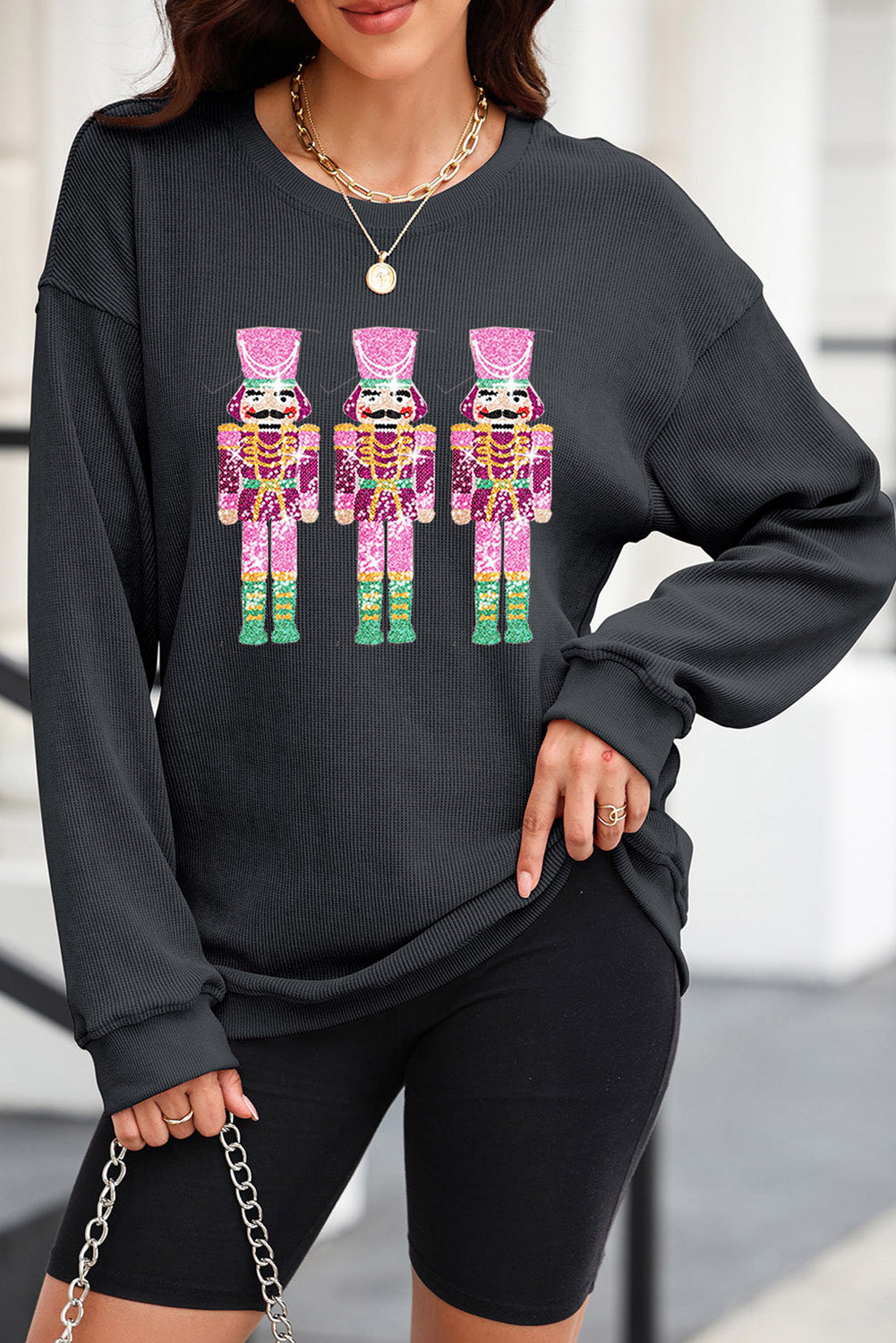 Black Nutcracker Graphic Sequins Patch Mineral Wash Corded Sweatshirt