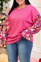 Fall Floral Patchwork Ruffled Sleeve Ribbed Knit Top (S-4X): Pink