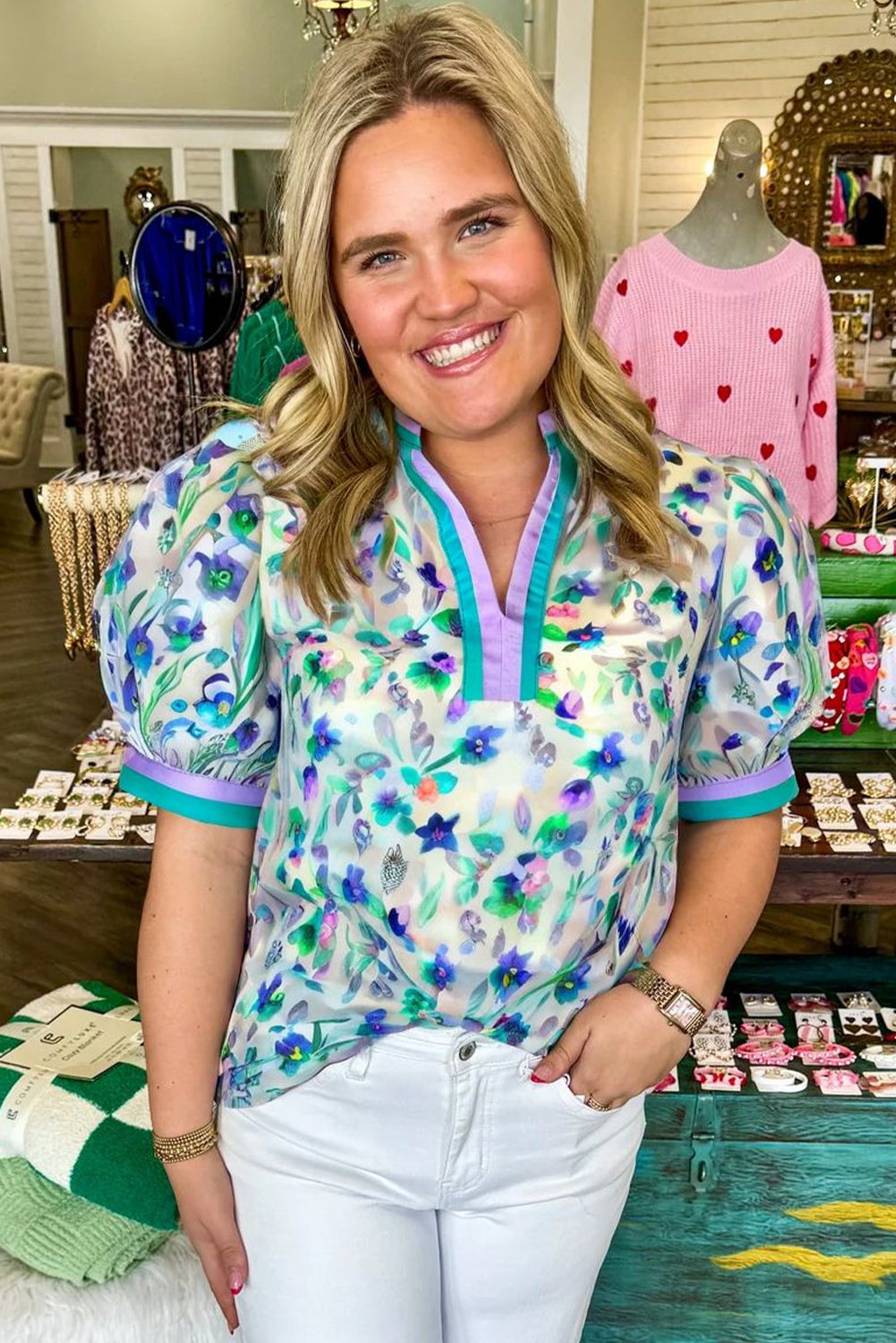 Green Floral Print Puff Sleeve Plus Size Blouse