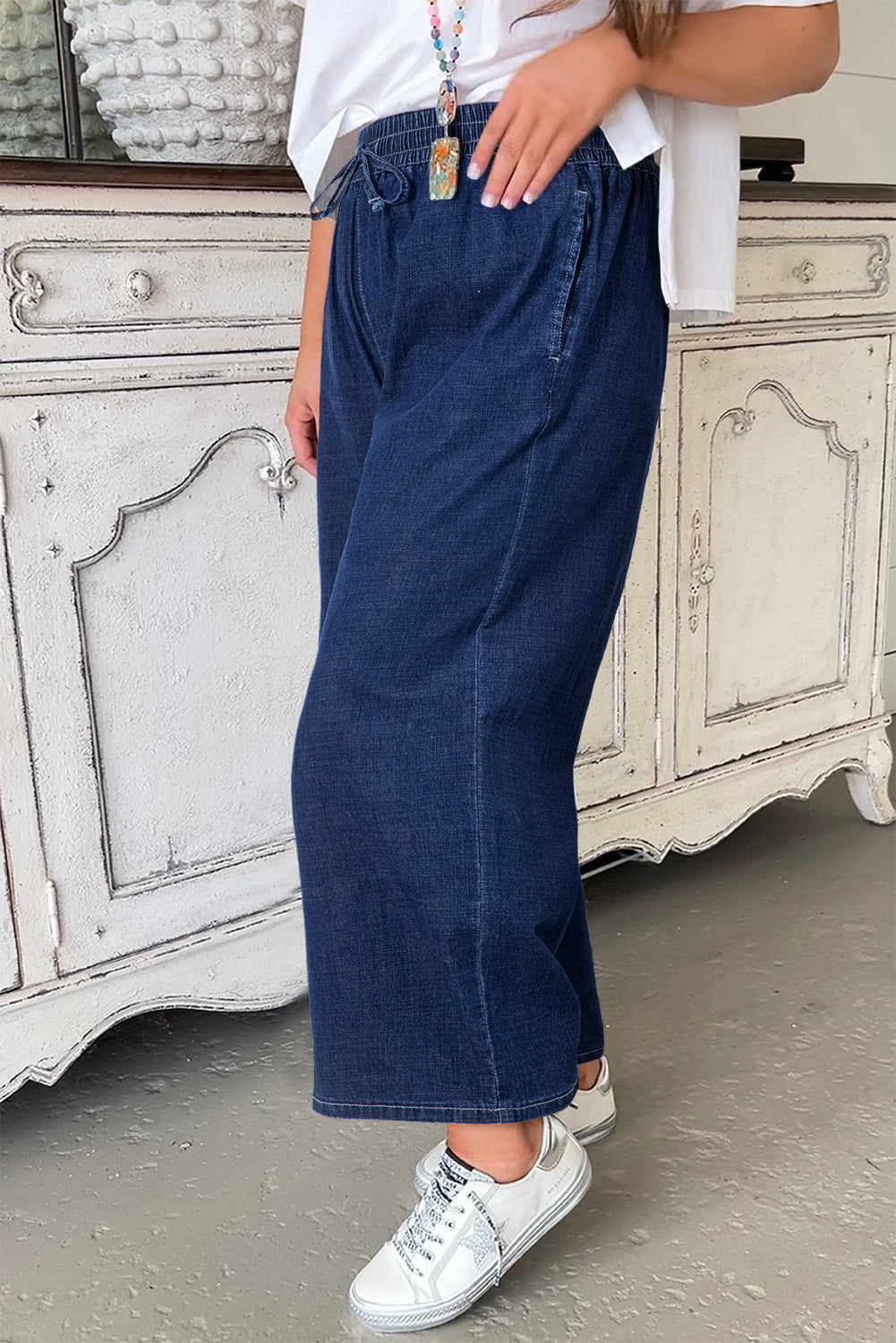 Blue Plus Size Drawstring Wide Leg Jeans
