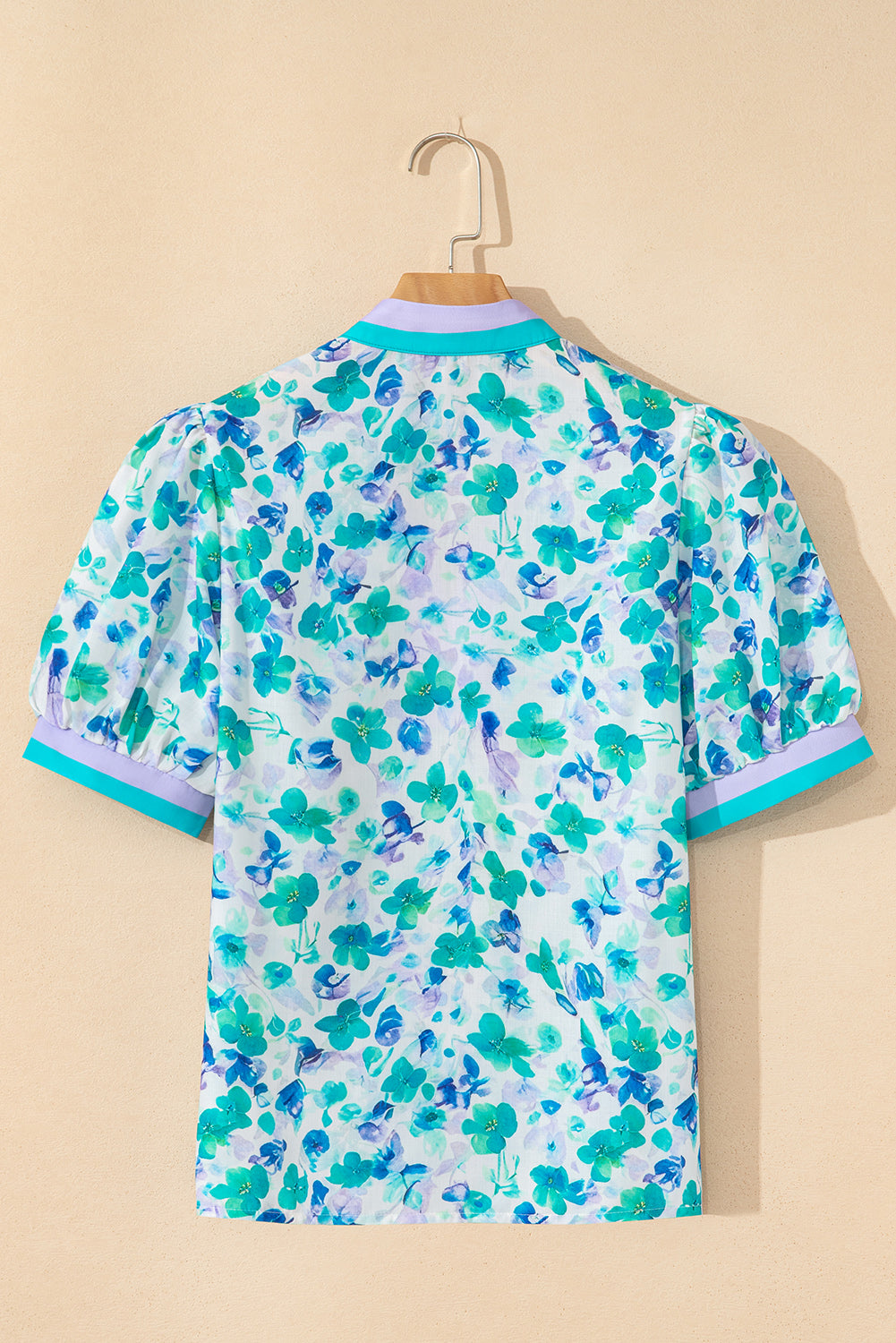 Green Floral Print Puff Short Sleeve Blouse
