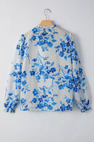 Floral Long Sleeve Lace-up V Neck Blouse (S-XL): Blue / Missy