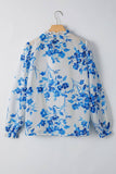 Floral Long Sleeve Lace-up V Neck Blouse (S-XL): Blue / Missy