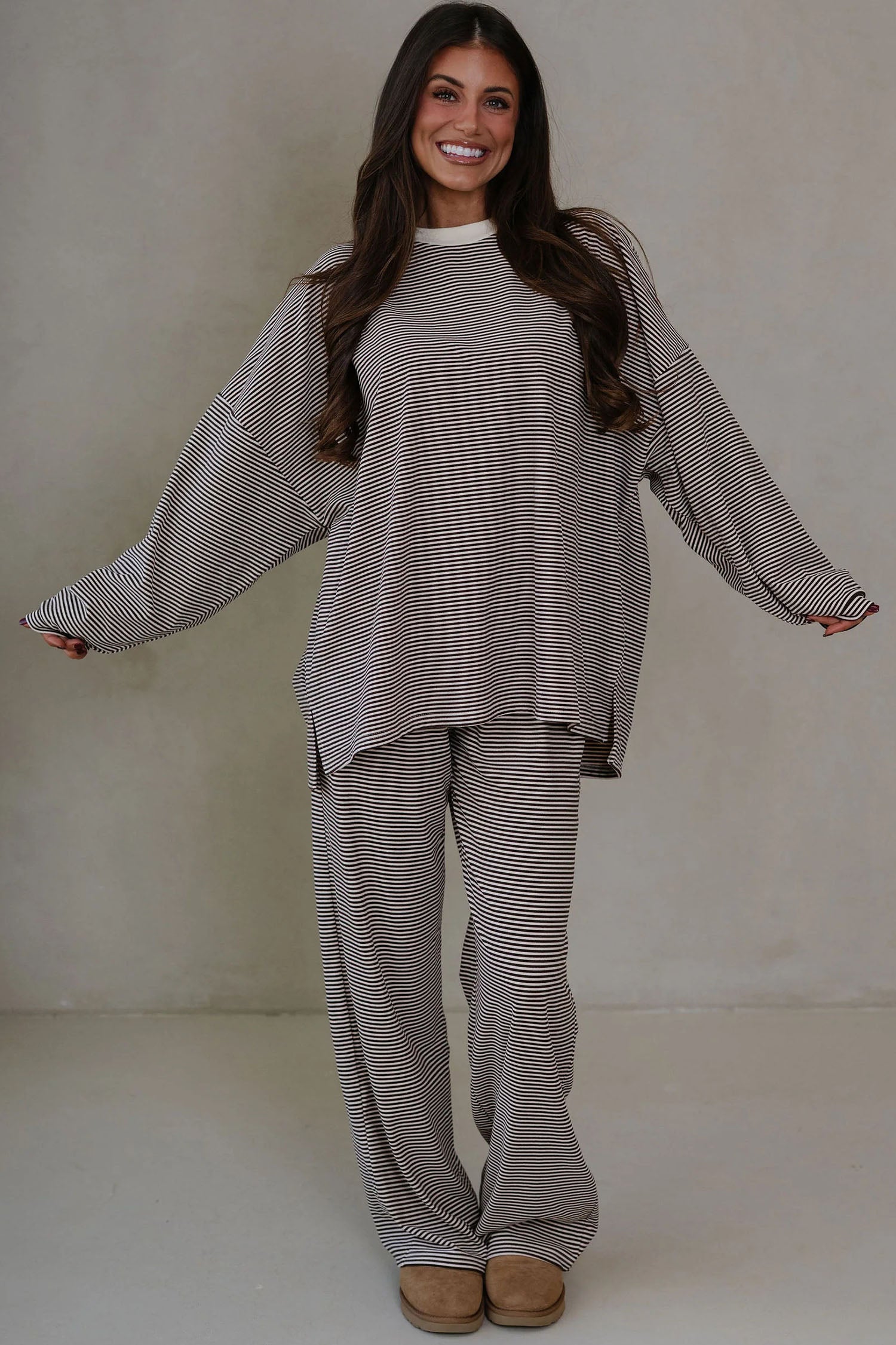 Pink Striped Drop Shoulder Long Sleeve Top and Pant Set