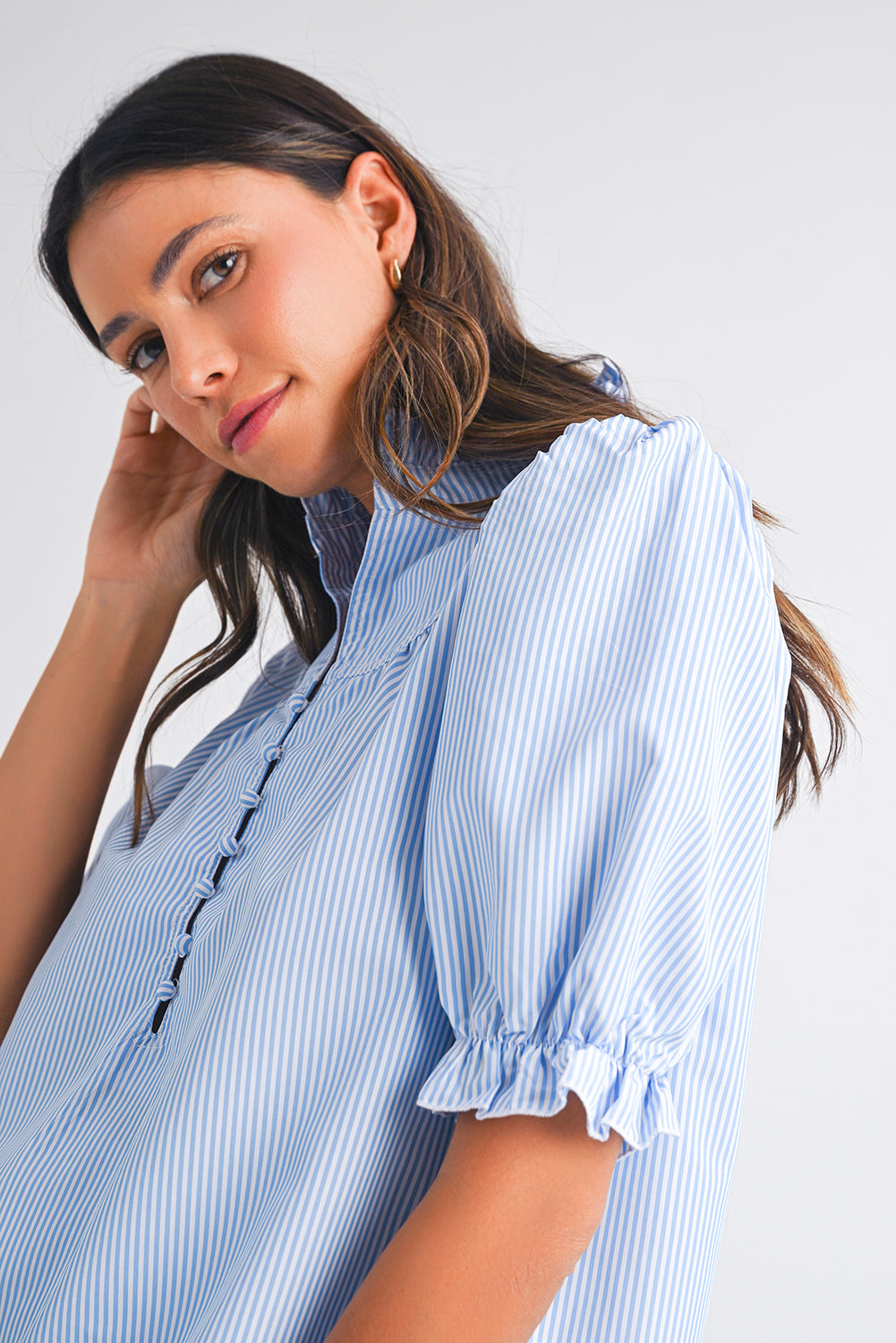 Sky Blue Striped Frill Blouse