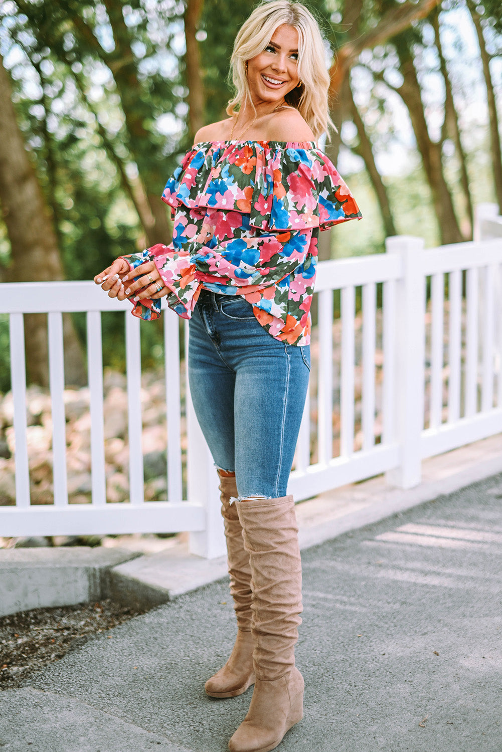 Bohemian Floral Ruffle Off Shoulder Blouse