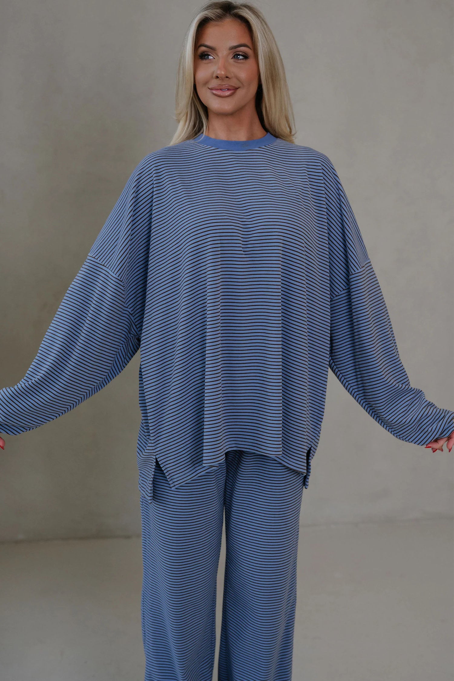 Pink Striped Drop Shoulder Long Sleeve Top and Pant Set