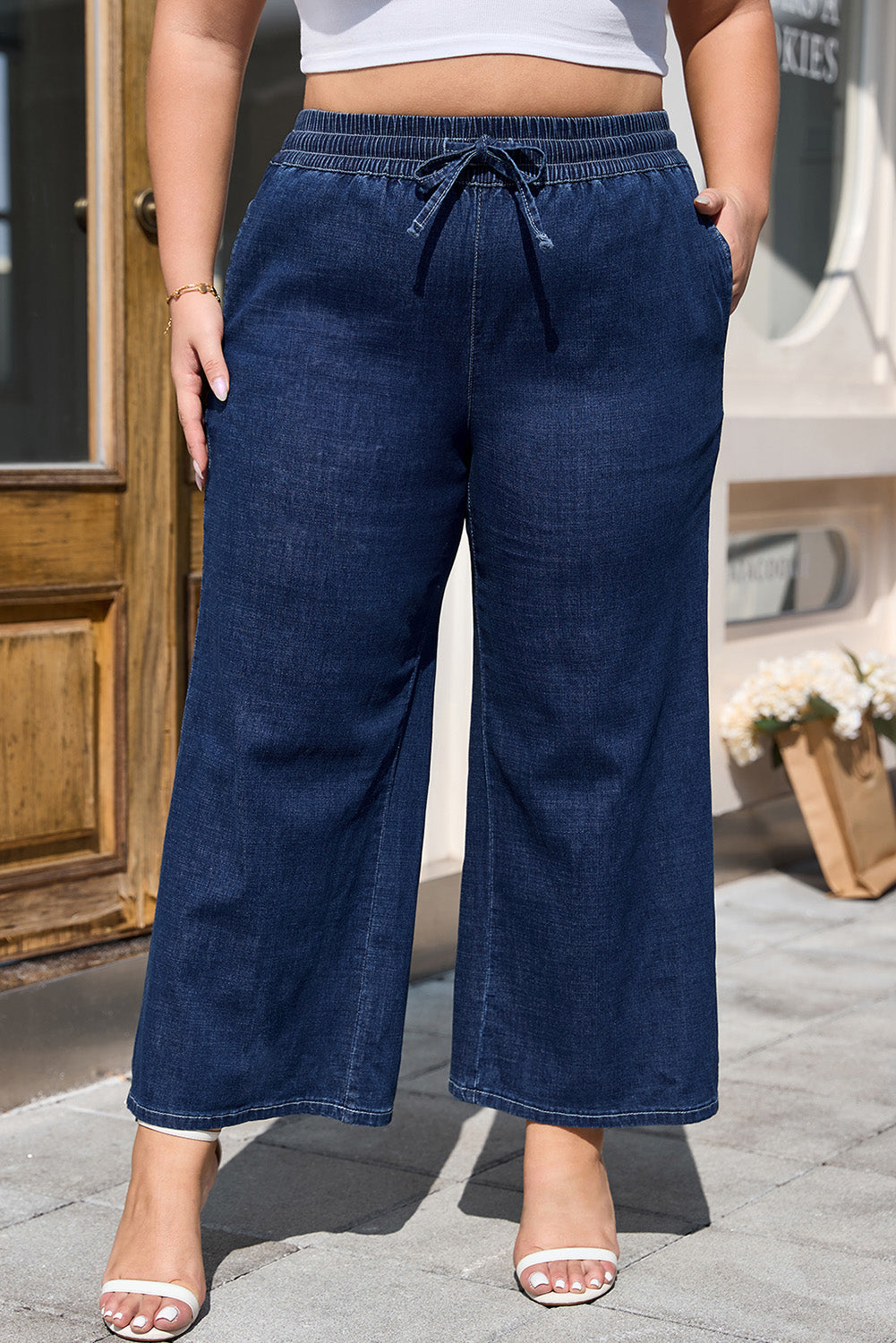Blue Plus Size Drawstring Wide Leg Jeans