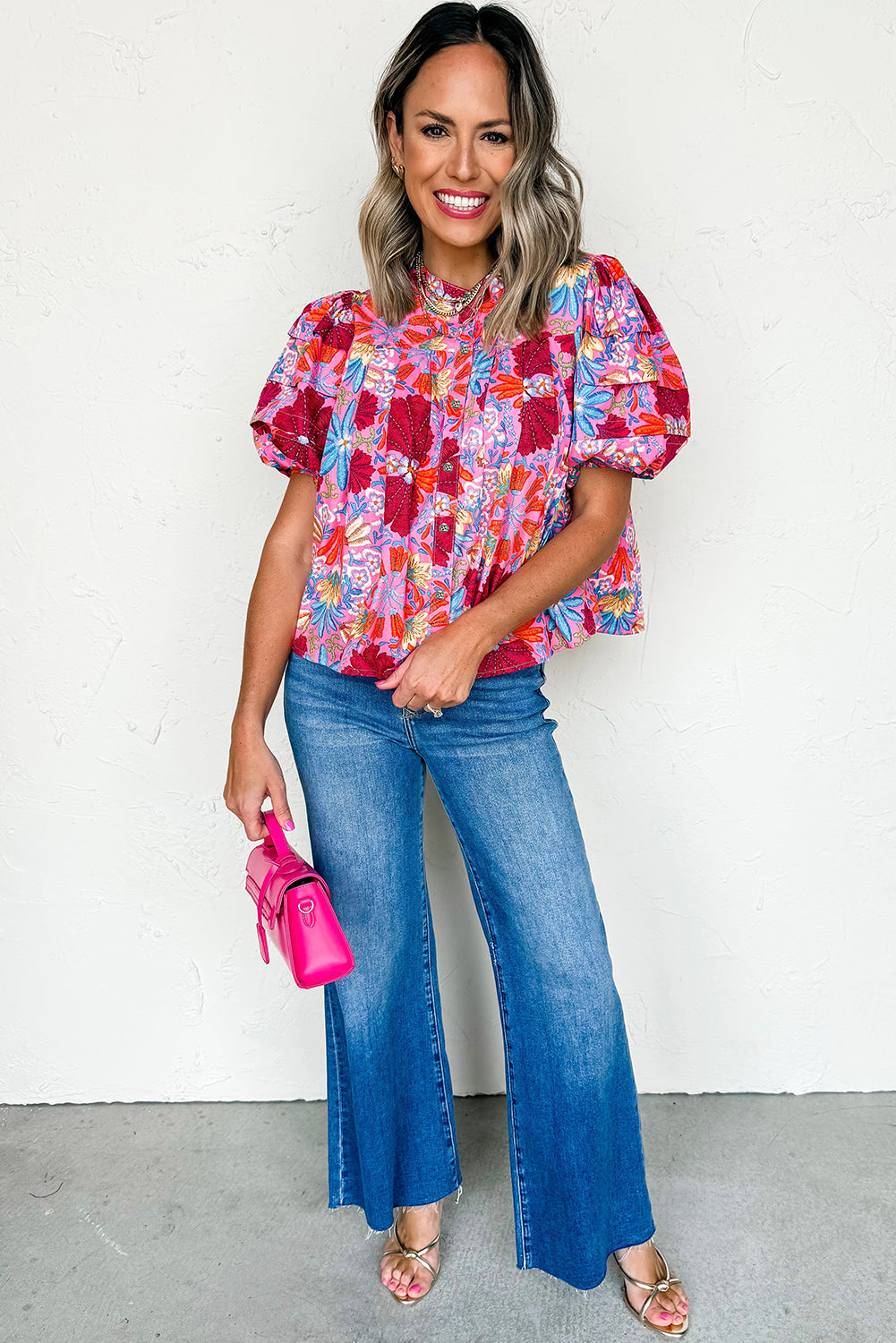 Pink Floral Bubble Sleeve Shirt