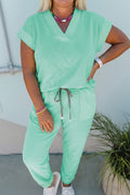 Mint Green V-Neck Tee and Drawstring Plus Size Pants Set