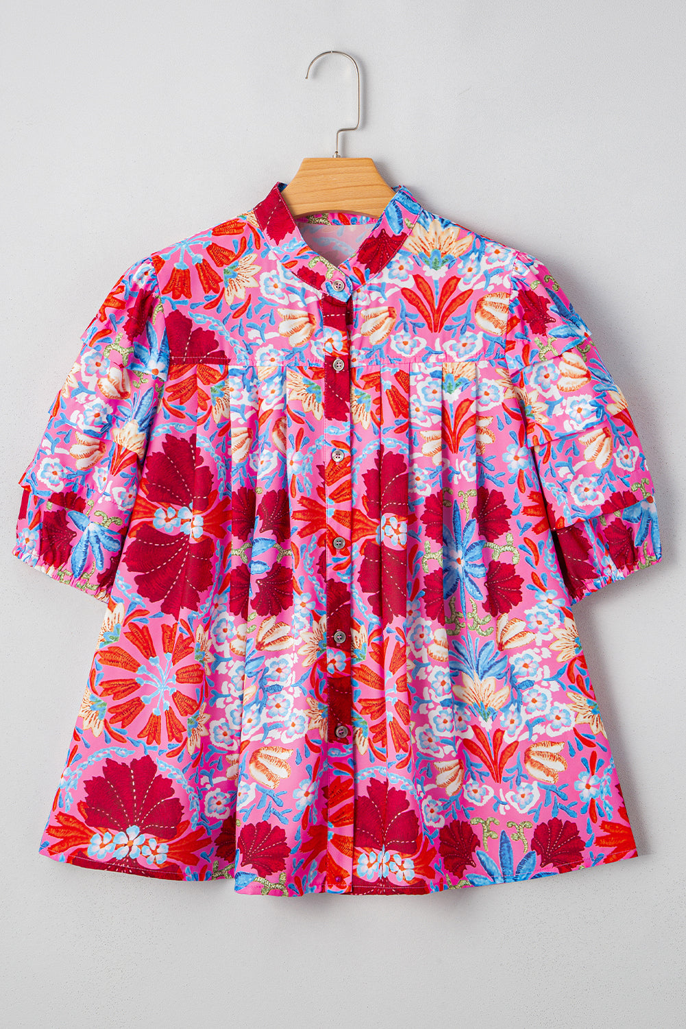 Pink Floral Bubble Sleeve Shirt