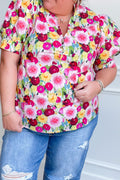Pink Plus Size Flower Print Split V Neck Puff Short Sleeve Top