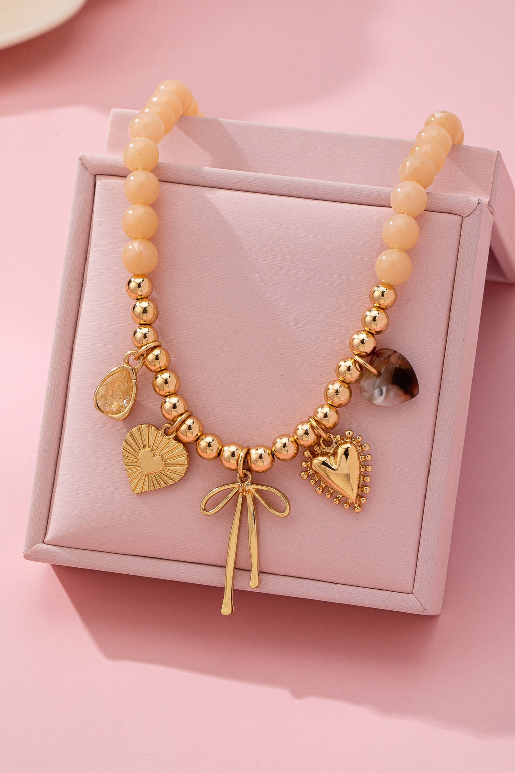 Beige Beaded Bow Heart Rhinestone Charm Necklace | 80N92689: GOLD