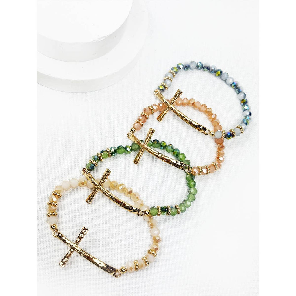 Hammered Cross Bead Stretch Bracelet: MIX COLOR / ONE(12)