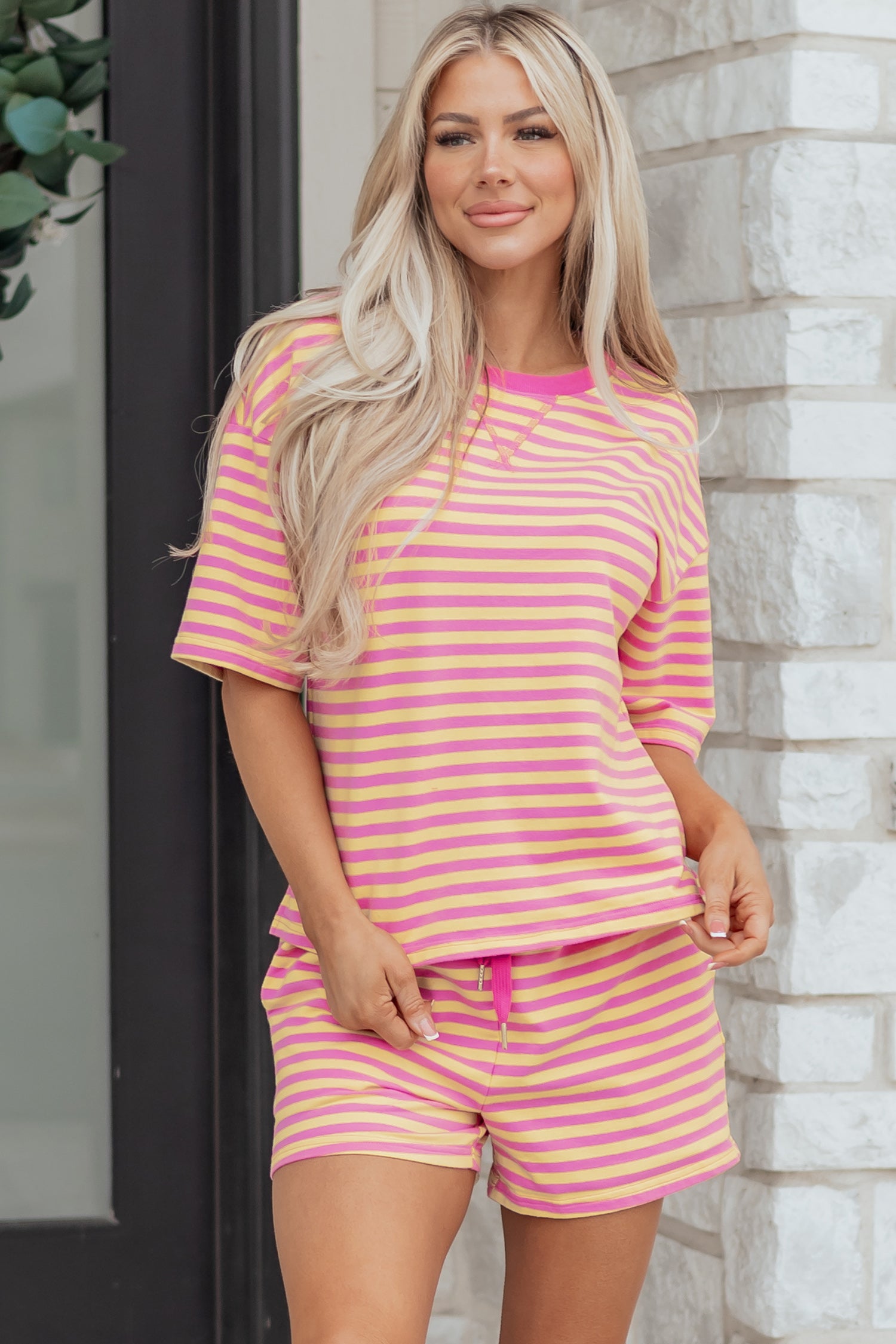 Rose Stripe Casual Short Set