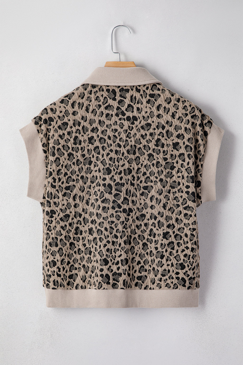 Beige Zip up Collared Leopard Sleeve Top