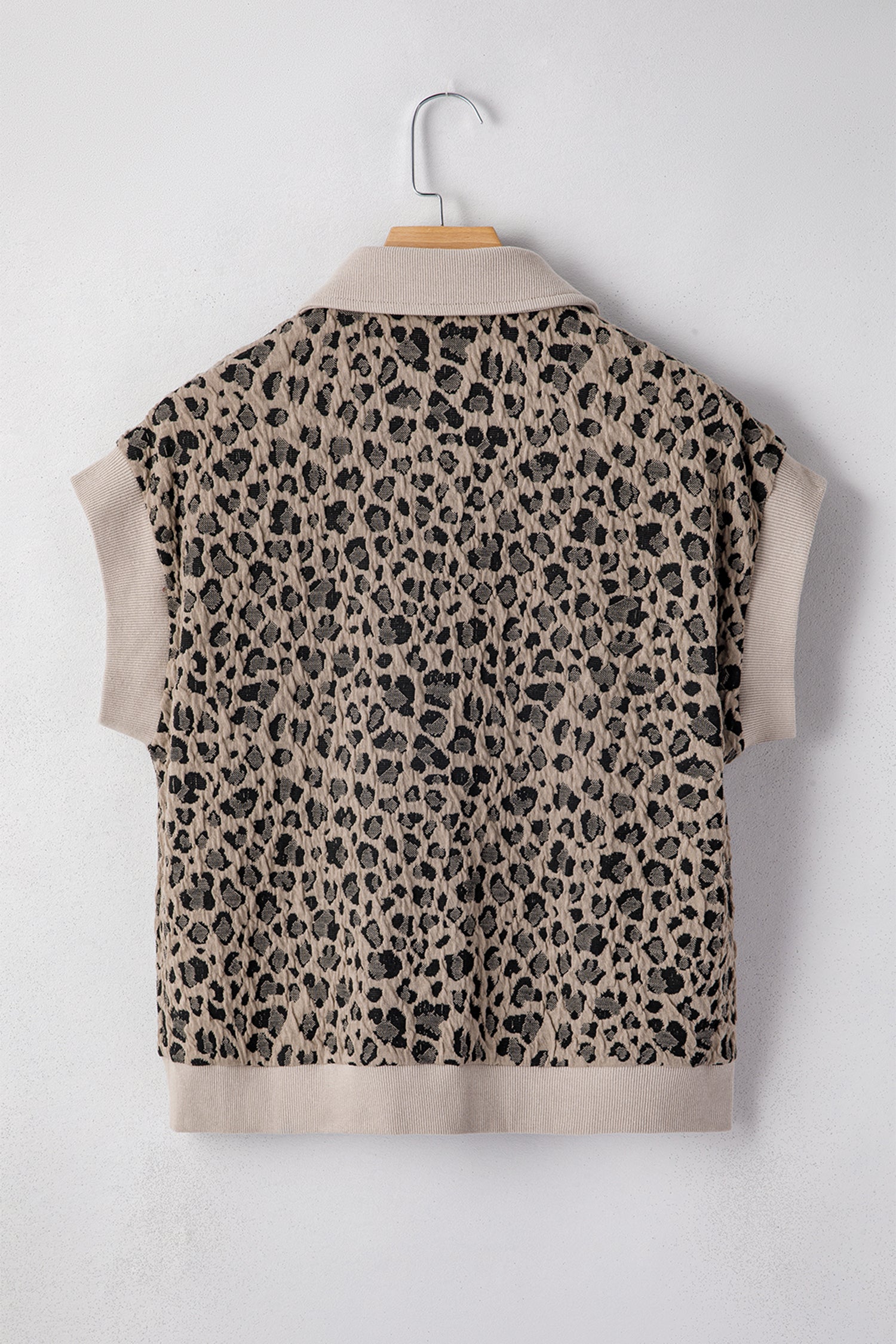 Beige Zip up Collared Leopard Sleeve Top