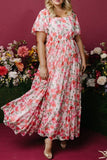 Pink Plus Size Floral Square Neck Puff Sleeve Ruffle Maxi Dress: Pink / 3X