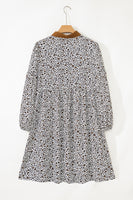 Khaki Plus Size Button V Neck Leopard Print Puff Sleeve Loose Mini Dress