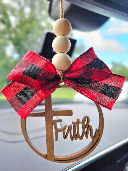 Faith Car Charm Ornament Bag Charm: Black/White Plaid