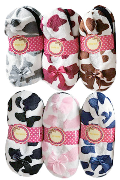 Cow Print Fuzzy Sherpa Fleece Lounge Sock Slippers